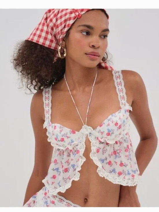 For Love & Lemons Ditsy Day Ruffled Bra Top/Mini Skirt NWT- XL-Red/White/Blue - Picture 3 of 15